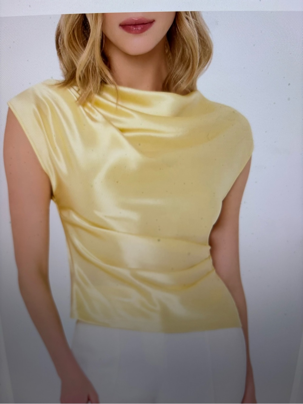 Milly Kari Hammered Satin Cowl Neck top in Pale Yellow (gold)